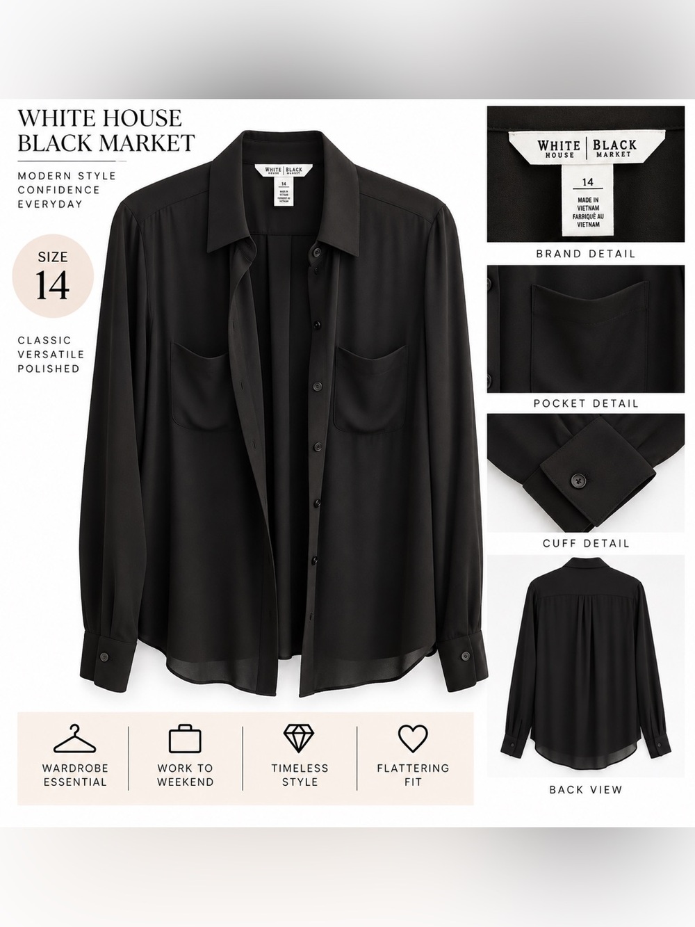 White House Black Market Black Button-Front Long-Sleeve Blouse